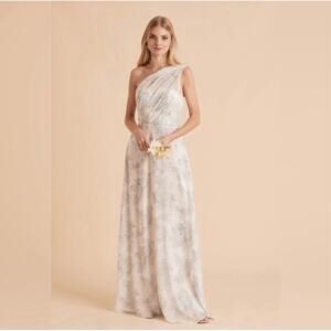 Birdy Grey One-Shoulder Floral Chiffon Gown in Blush and Sage Green